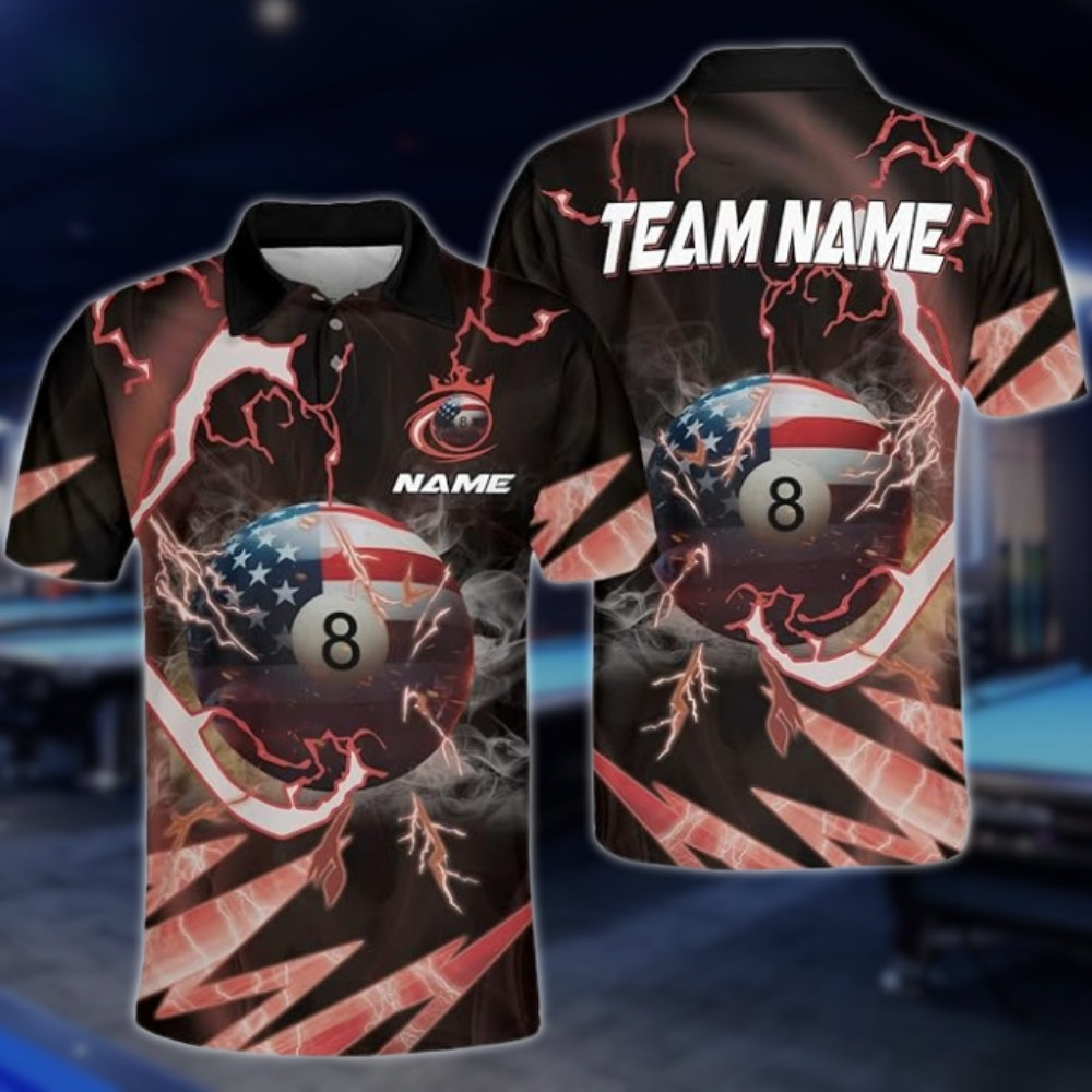 8 Ball American Flag Custom Thunder Billiard Polo Shirt For Men, Custom Patriotic Billiard Team Shirts BLD0158
