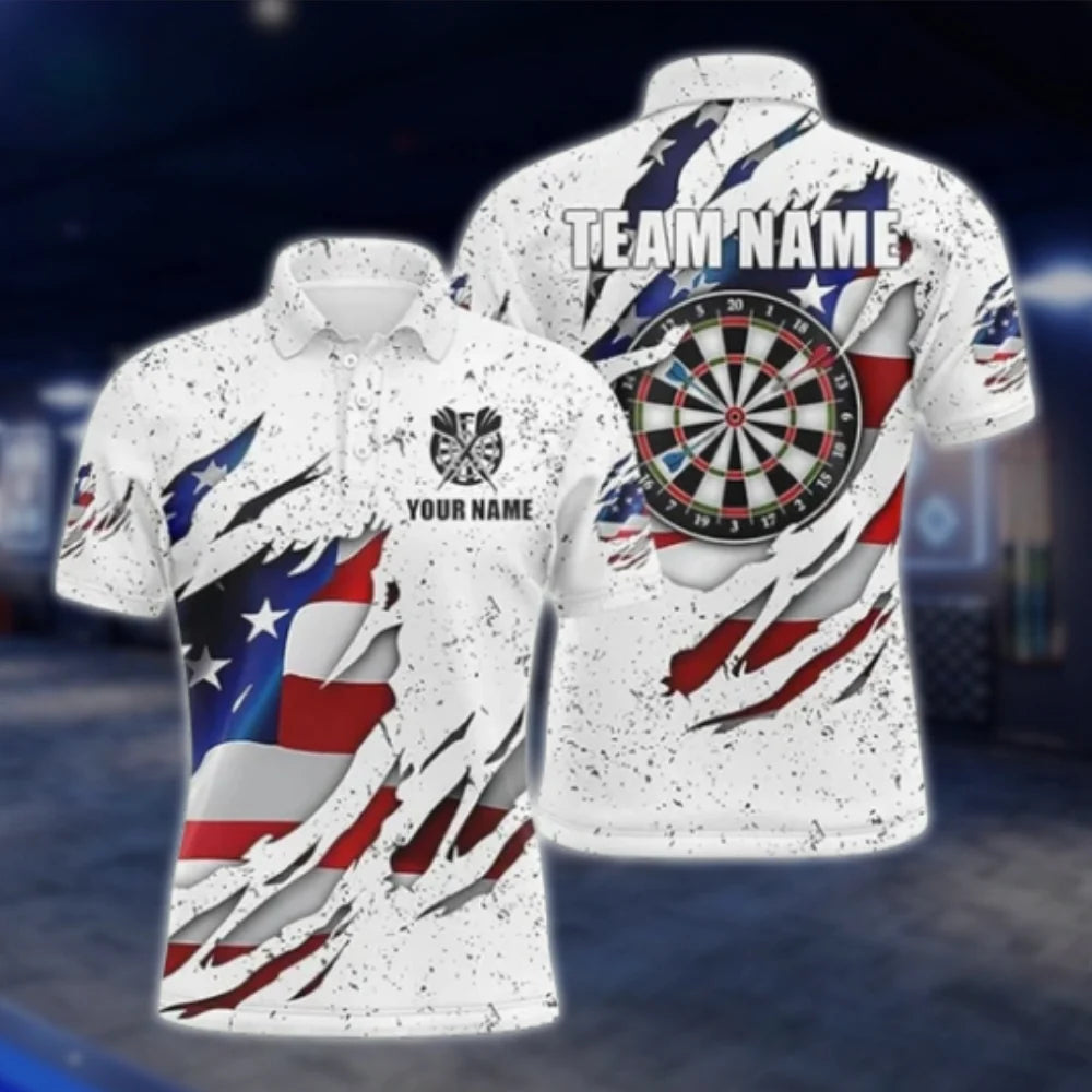 Men's Custom American Flag Grunge White Dart Polo Shirt, Custom Team Patriotic Dart Shirts DAT0407