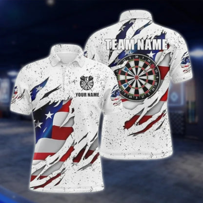 Men's Custom American Flag Grunge White Dart Polo Shirt, Custom Team Patriotic Dart Shirts DAT0407