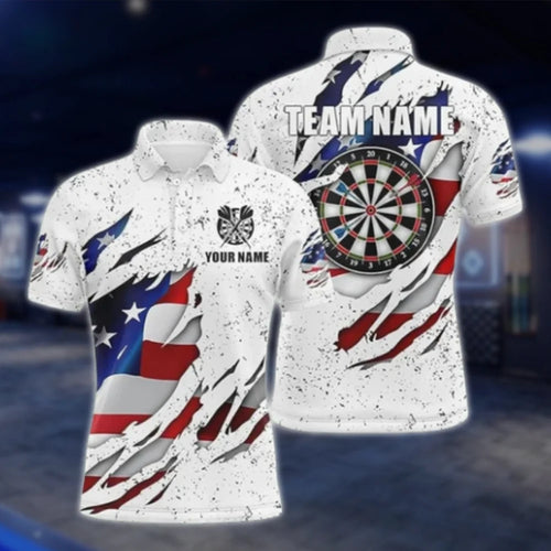 Men's Custom American Flag Grunge White Dart Polo Shirt, Custom Team Patriotic Dart Shirts DAT0407