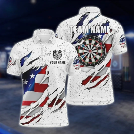 Men's Custom American Flag Grunge White Dart Polo Shirt, Custom Team Patriotic Dart Shirts DAT0407