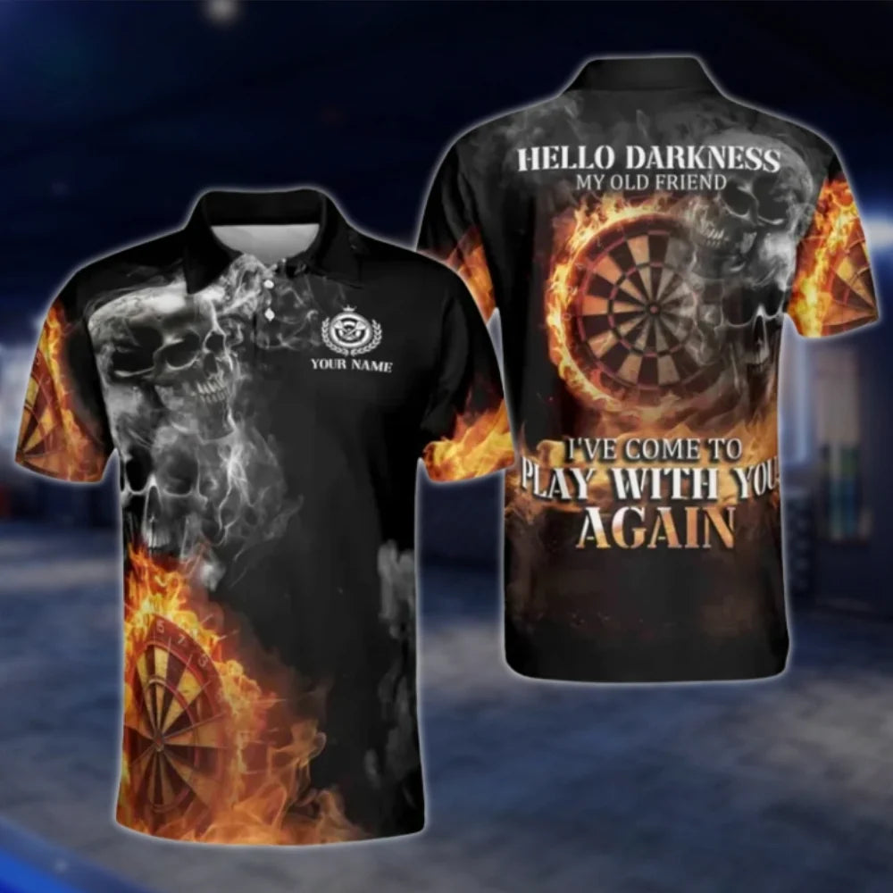 Custom Hello Darkness My Old Friend I've Come To Play With You Again Men's Skull Fire Dart Polo Shirt, Custom Funny Skull Dart Team Shirts DAT0374