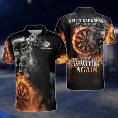 Custom Hello Darkness My Old Friend I've Come To Play With You Again Men's Skull Fire Dart Polo Shirt, Custom Funny Skull Dart Team Shirts DAT0374