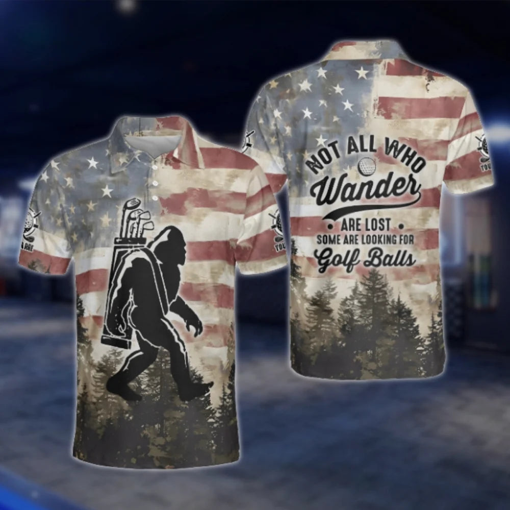 Not All Who Wander Are Lost Some Are Looking For Golf Balls Personalized Bigfoot USA Flag Golf Polo Shirt Men, Custom Funny Sasquatch Golf Shirt GOF0102