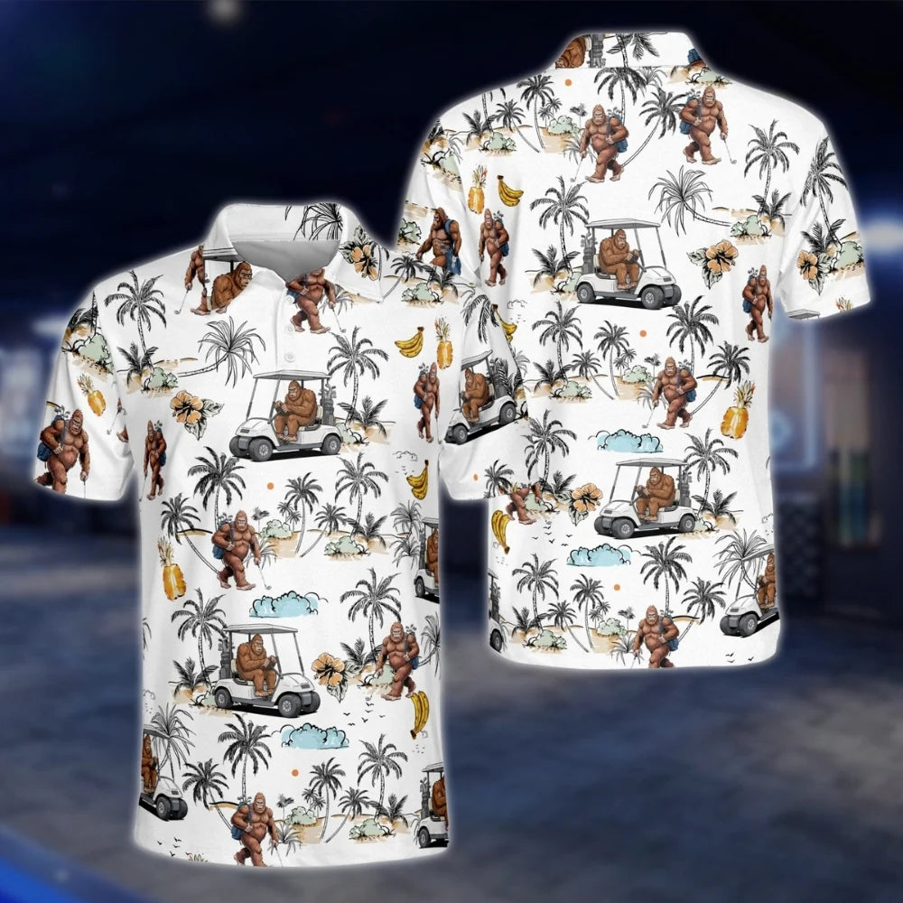Tropical Bigfoot Sasquatch Golf Polo Shirts For Men, Bigfoot Golf Shirt GOF0242