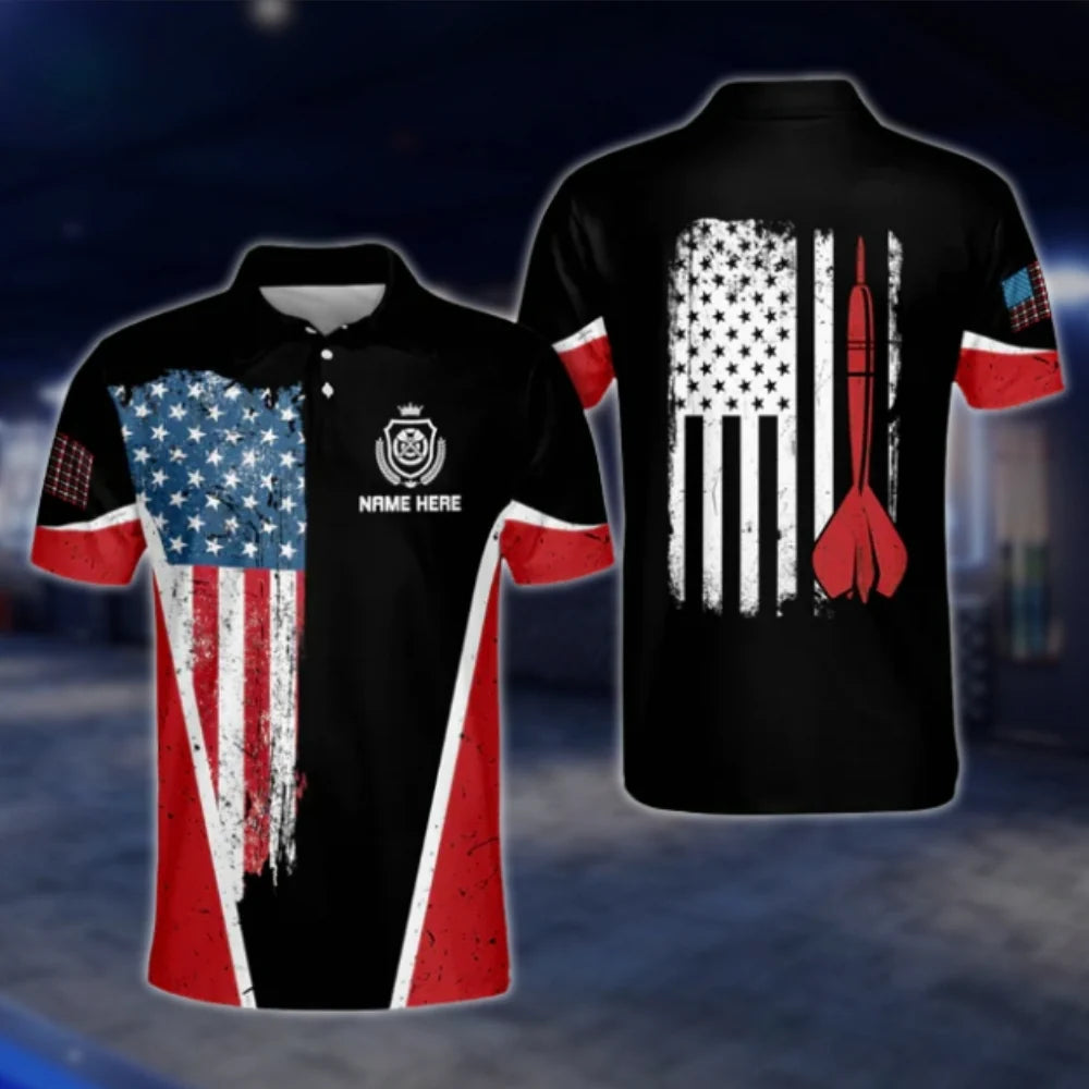 Personalized American Flag Dart Polo Shirt For Mens, Custom Name Patriotic Dart Shirt DAT0456