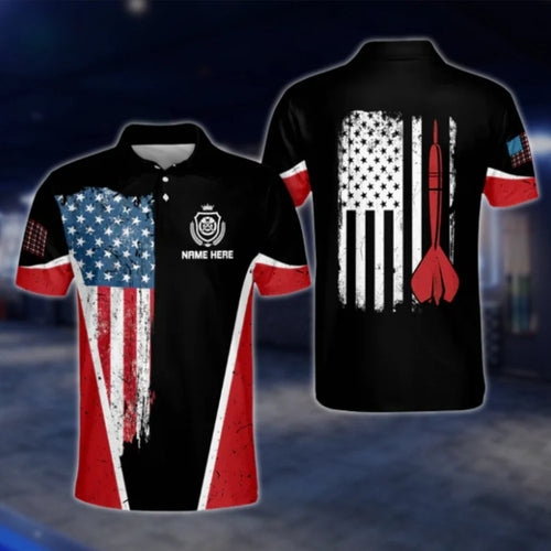 Personalized American Flag Dart Polo Shirt For Mens, Custom Name Patriotic Dart Shirt DAT0456