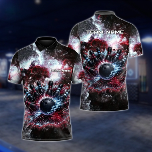 Personalized Galaxy Thunder Bowling Team Polo Shirt For Men, Custom Team Bowling Shirt Red Black BZ0798 BOW0108
