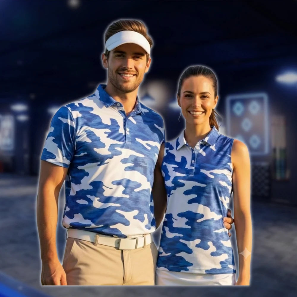 Matching Camouflage Blue Golf Shirt Men And Women, Camo Couple Matching Golf Shirts GOF0090