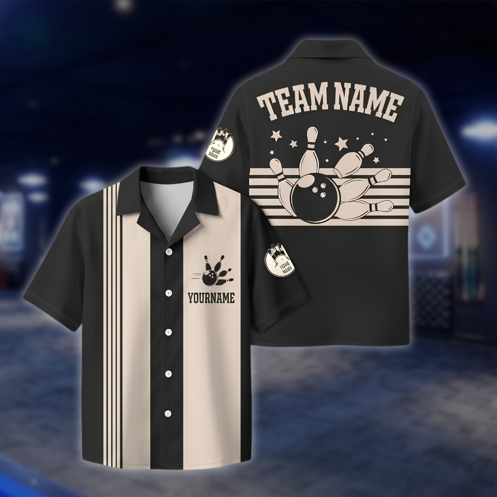 Personalized Vintage Black Bowling Hawaiian Shirt Men, Custom Vintage Bowling Team Shirts BE0236 BOW0097