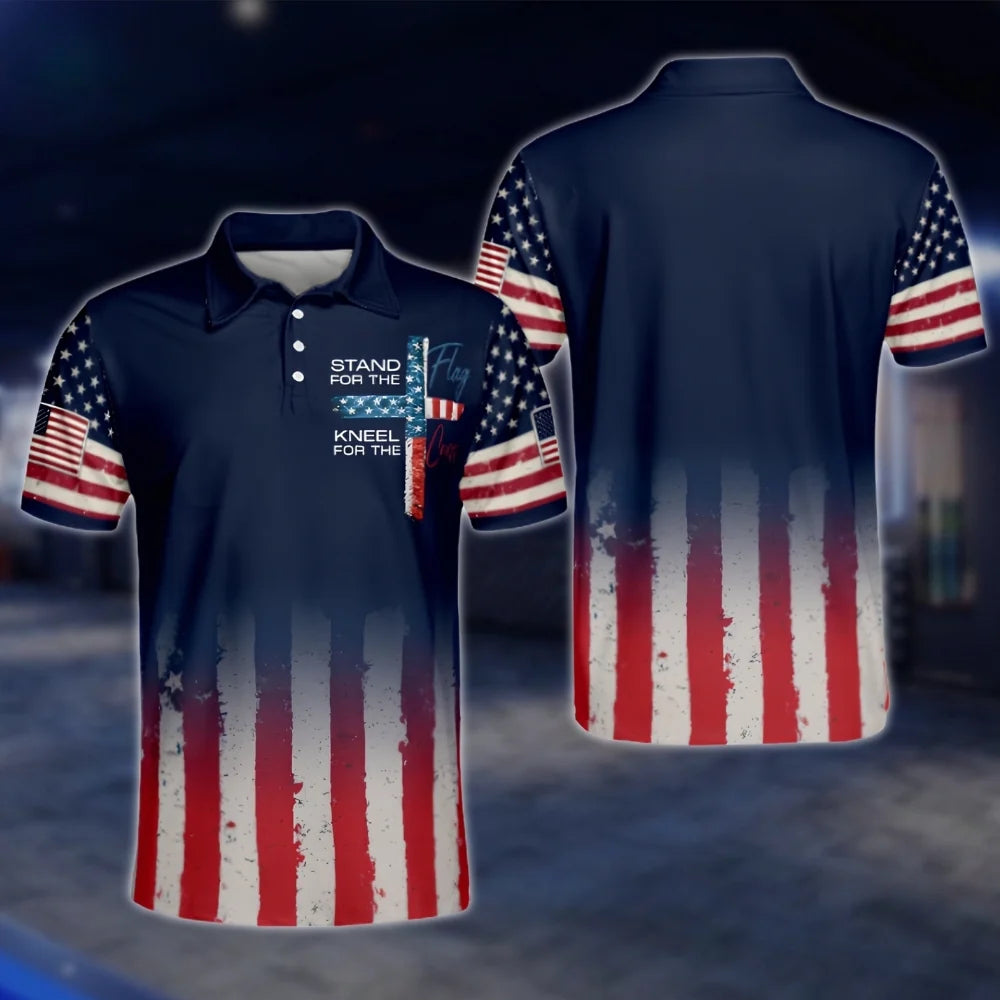 Stand For The Flag Kneel For The Cross Mens American Flag Golf Polo Shirts, Patriotic Christian Golf Shirts GOF0224