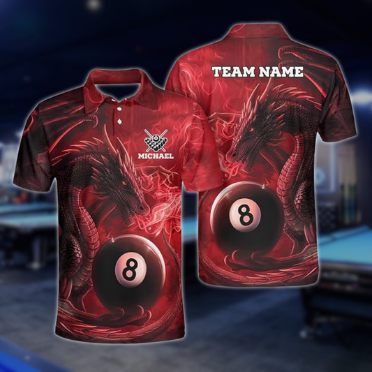 Custom Dragon 8 Ball Red Billiard Men Polo Shirts, Custom Dragon Billiard Team Shirts BLD0283