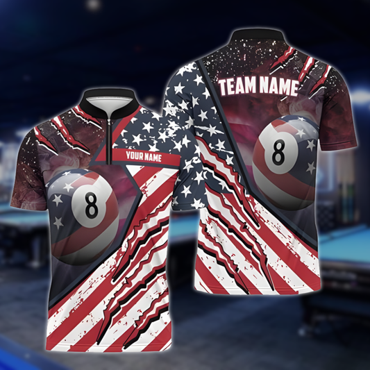 Custom 8 Ball American Flag Billiard Jersey For Mens, Custom Patriotic Pool Billiard Team Shirts BLD0251