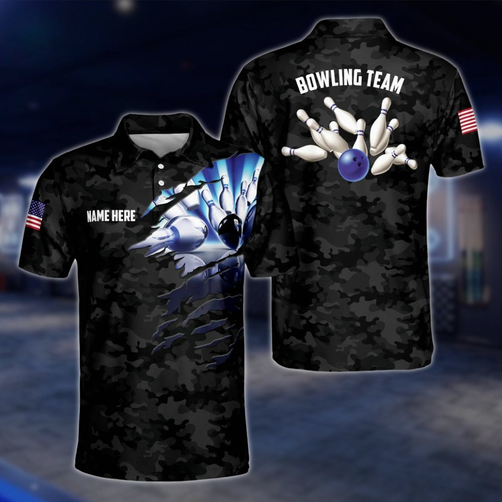 Custom Camo Black Blue Bowling Polo Shirt For Men, Custom Camo Bowling Team Shirts BZ0194 BOW0272