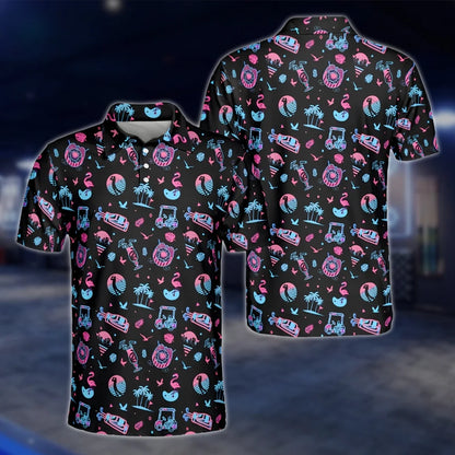 Neon Tropical Pink Blue Golf Polo Shirt For Men, Tropical Golf Shirt Black GOF0155