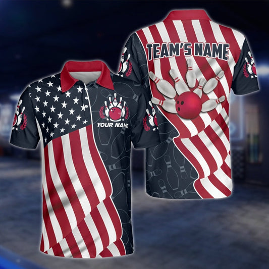 American Flag Custom Mens Bowling Polo Shirt, Custom Patriotic Bowling Team Shirts BZ0208 BOW0191