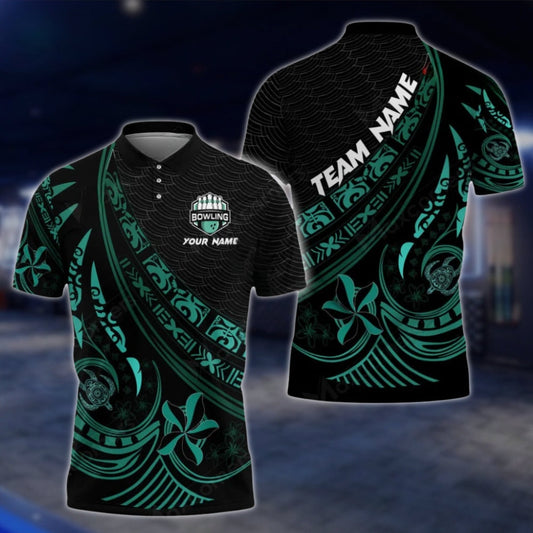 Tribal Black And Cyan Custom Bowling Polo Shirt For Mens, Custom Tribal Bowling Team Shirts BO0201 BOW0441