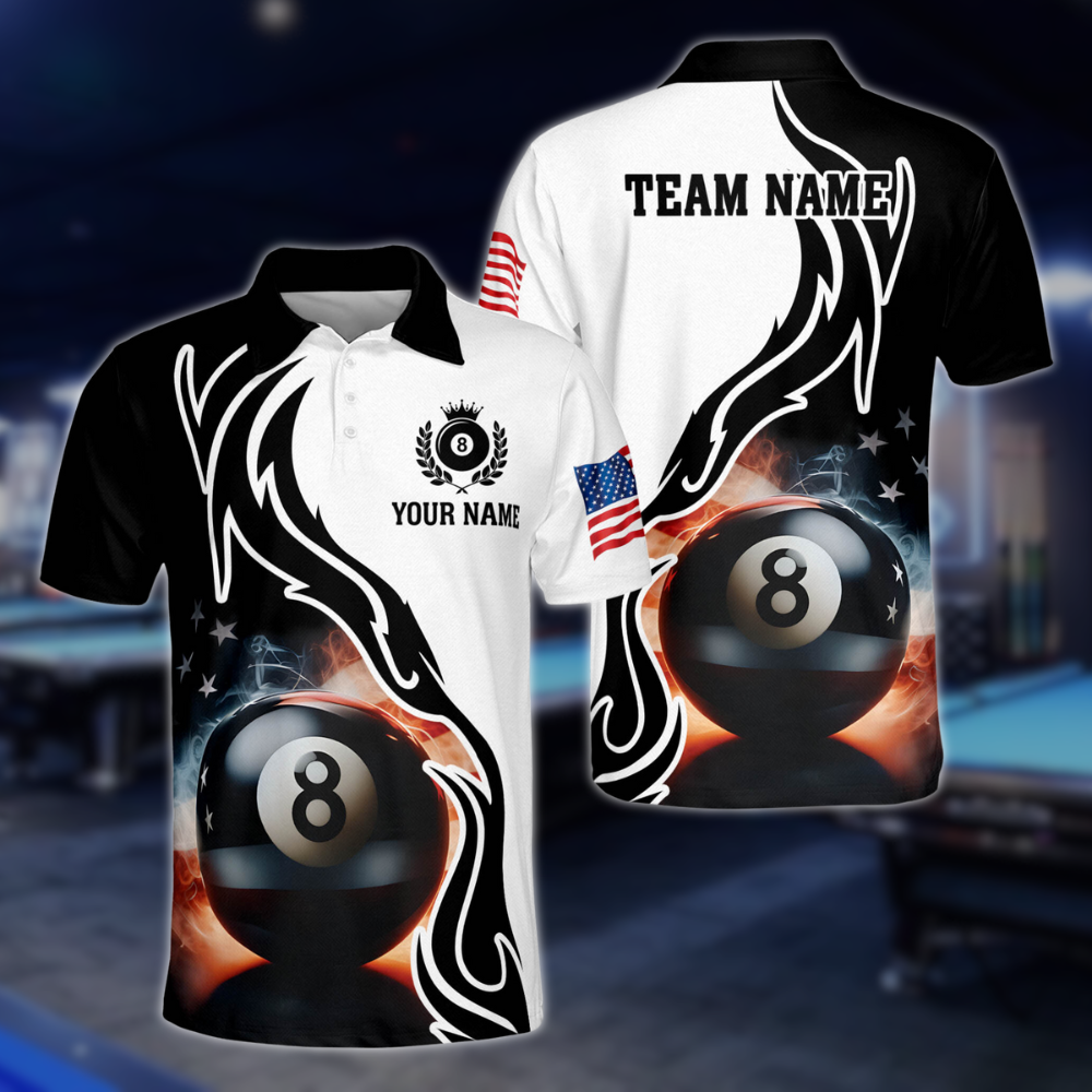 Black And White Custom 8 Ball American Flag Billiard Men Polo Shirts, Custom Patriotic Billiard Team Shirts BLD0007