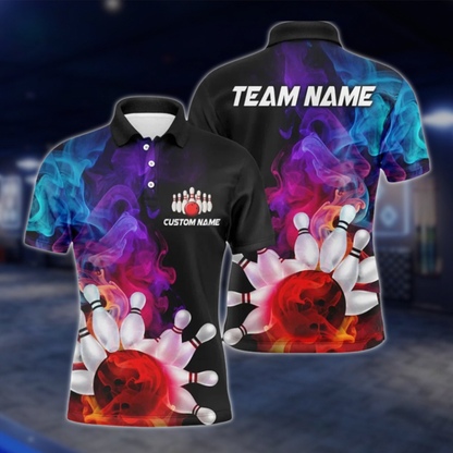 Personalized Team Colorful Smoke Bowling Polo Shirt Men, Custom Bowling Team Shirts BZ0807 BOW0099