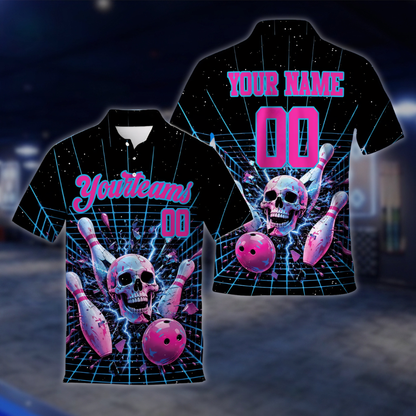 Personalized Skull Pink Black Bowling Polo Shirt For Men, Custom Skull Bowling Team Shirt BE0248 BOW0034