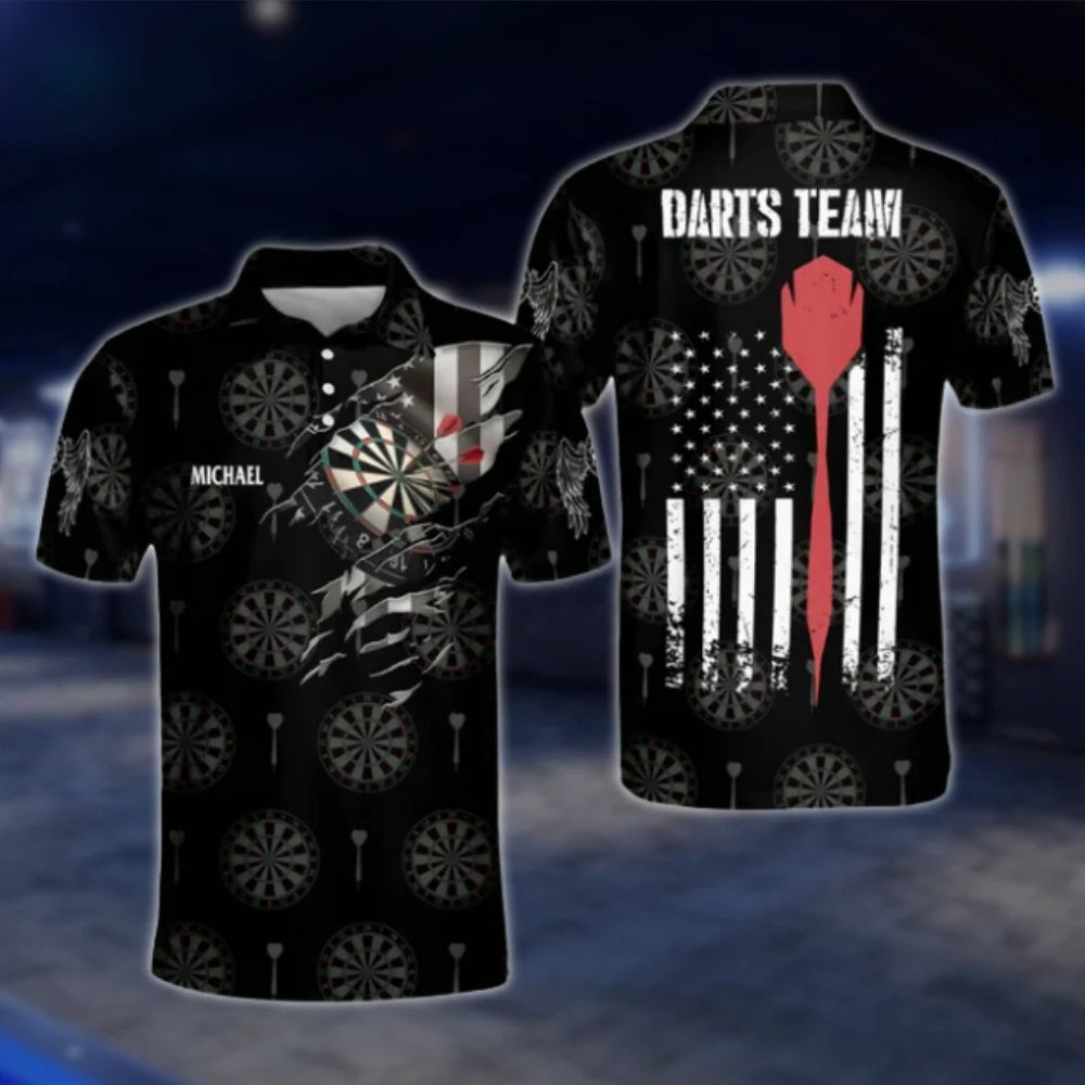 Custom Mens American Flag Black Dart Polo Shirt, Custom Patriotic Dart Team Shirt DAT0459