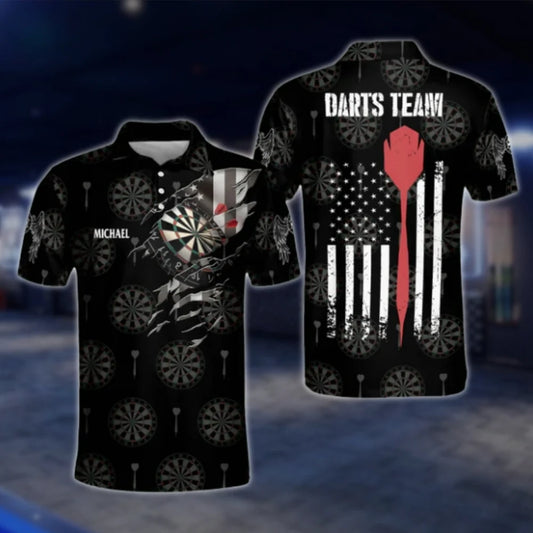 Custom Mens American Flag Black Dart Polo Shirt, Custom Patriotic Dart Team Shirt DAT0459