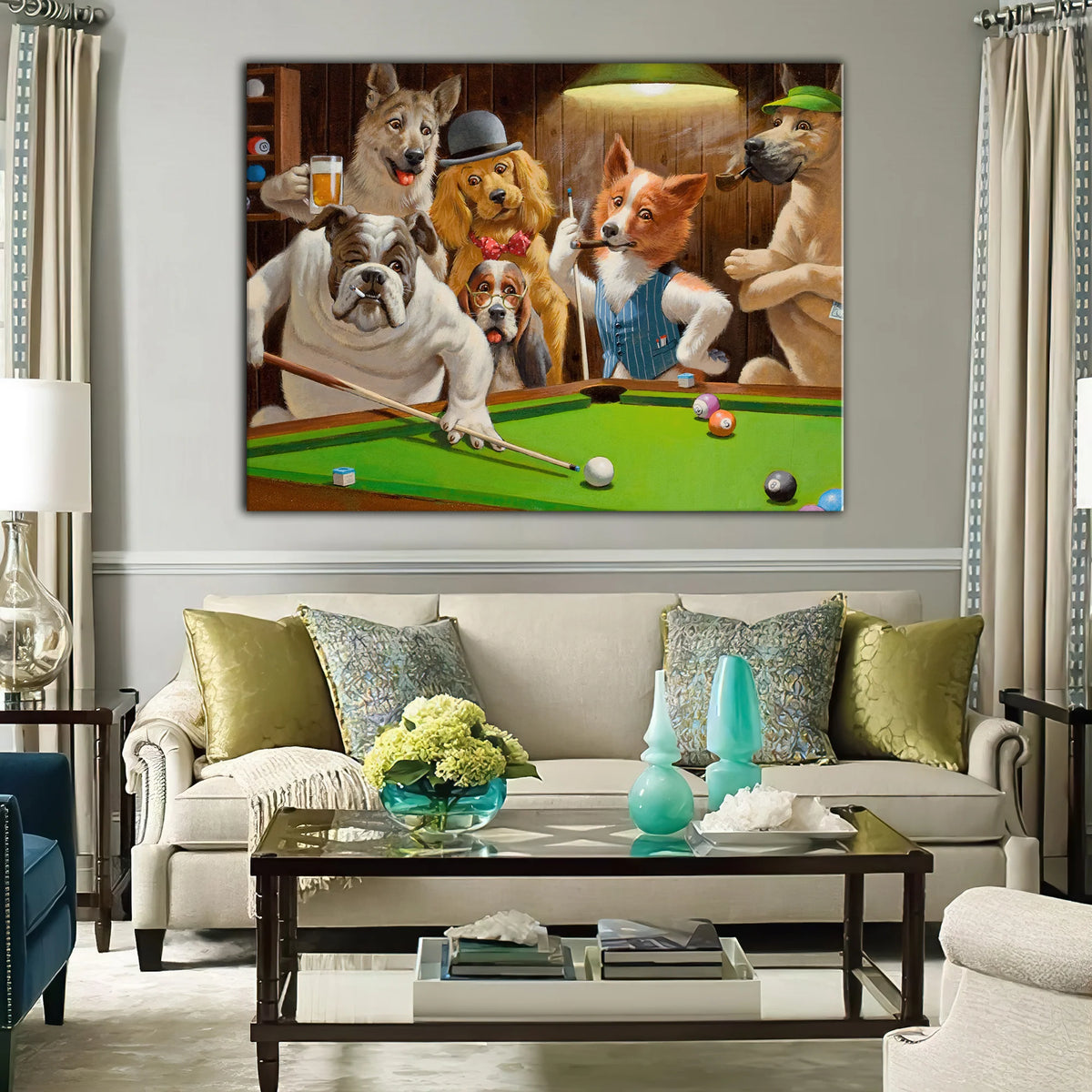 Funny Dogs Playing Billiard Living Room Pet Portrait Puppy 3D Print Horizontal Canvas Wall Art Pet Painting Artwork ORN0225