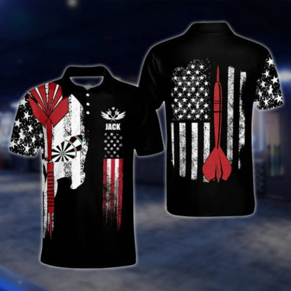 Custom Skull American Flag Men's Dart Polo Shirt, Custom Skull Dart Shirts DAT0264