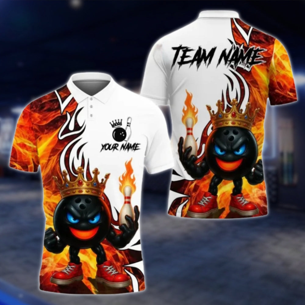 King Balll Fire Custom Mens Bowling Polo Shirt, Custom Flame Bowling Team Shirts BE0128 BOW0436