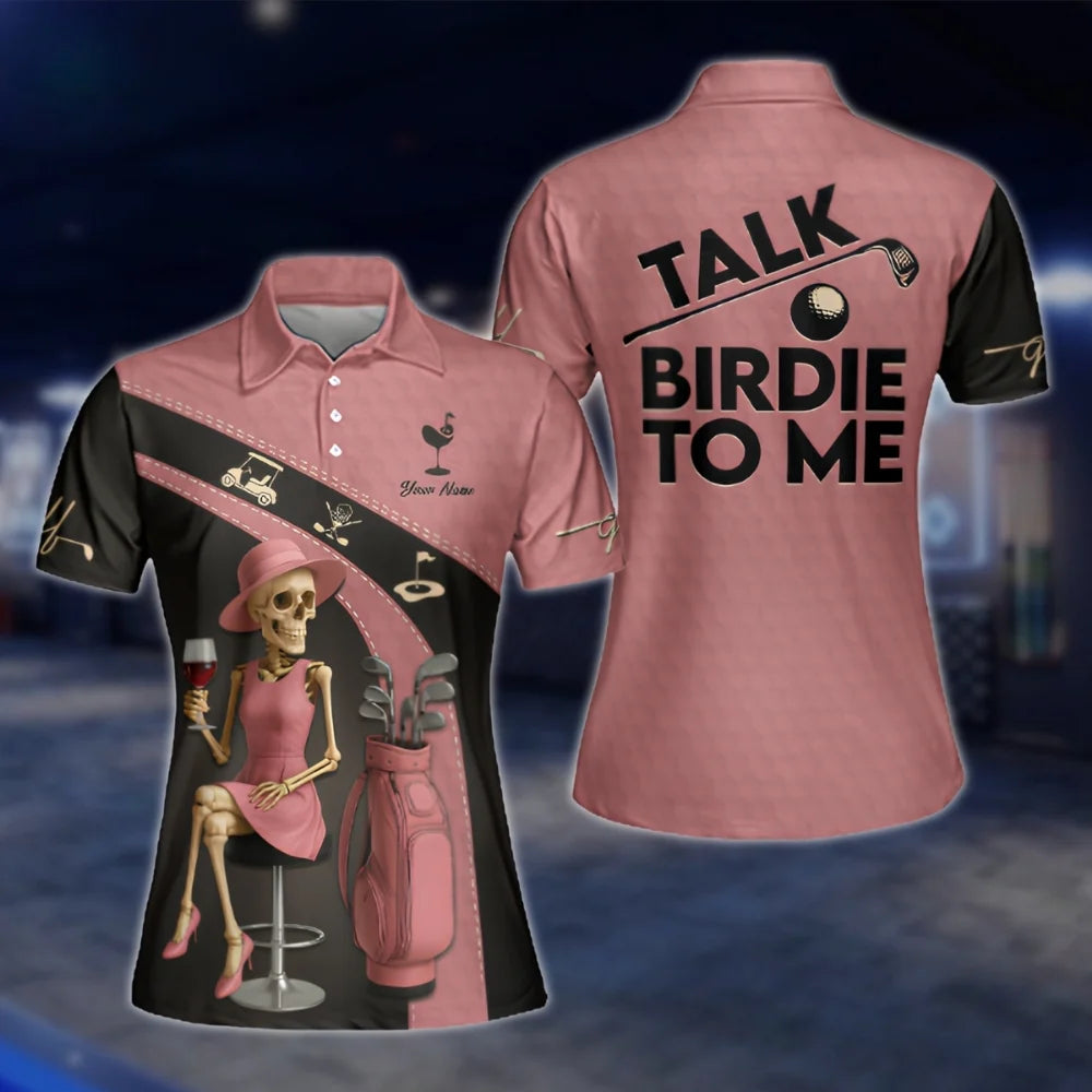 Custom Talk Birdie To Me Women's Skull Golf Polo Shirt Pink, Custom Funny Golf Shirt For Ladies GOF0112