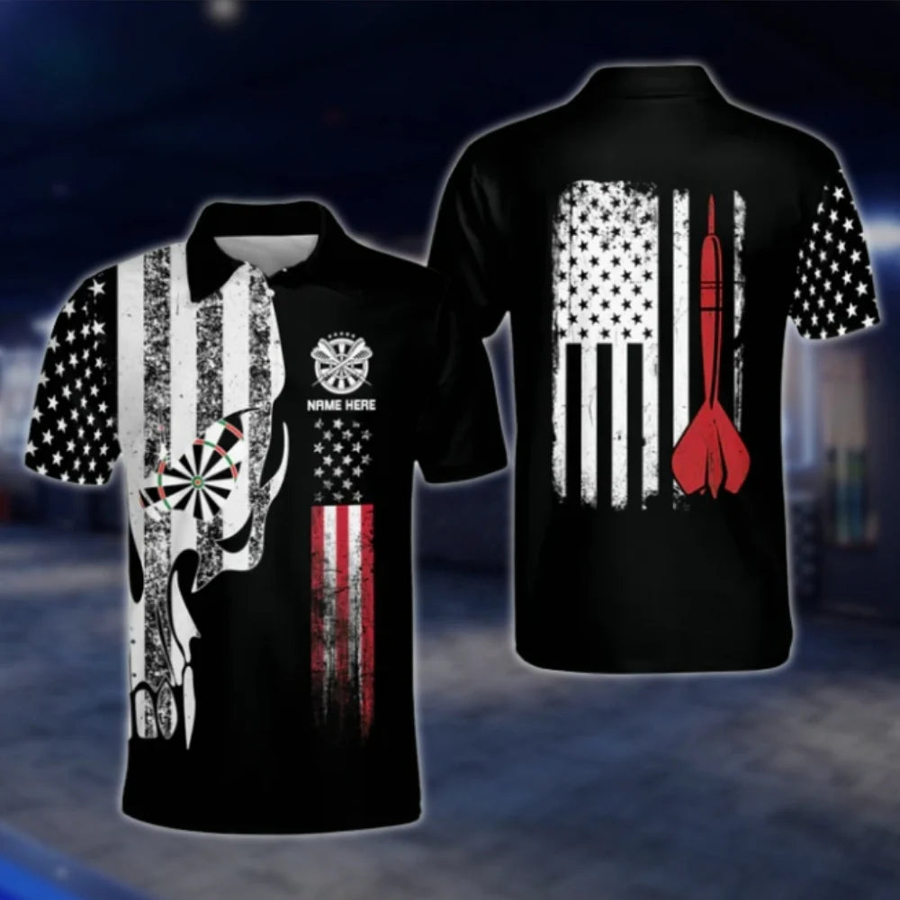 Custom Skull American Flag Dart Polo Shirt Mens, Custom Skull Dart Team Shirts DAT0251