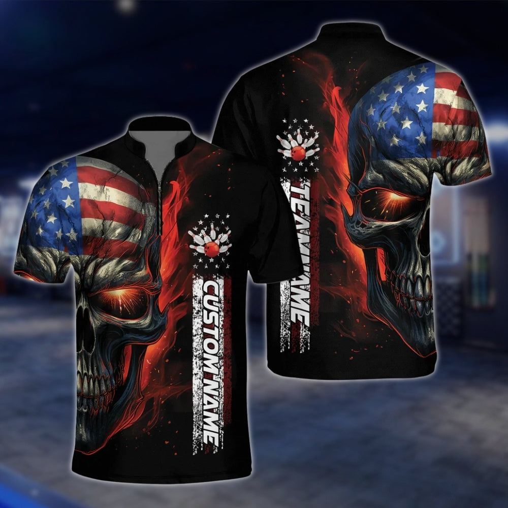 Custom Skull USA Flag Bowling Jersey For Mens, Custom Skull Patriotic Bowling Team Shirts BZ0145 BOW0449