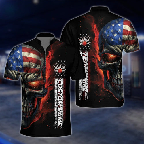 Custom Skull USA Flag Bowling Jersey For Mens, Custom Skull Patriotic Bowling Team Shirts BZ0145 BOW0449