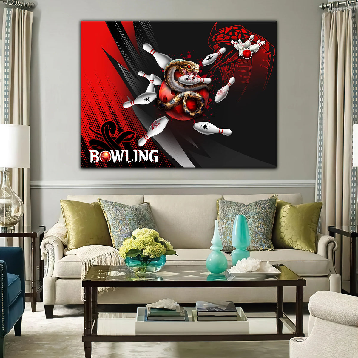 Strike Bloody Snake Bowling Ball On Fire Graphic Printed Canvas Bowl Game Living Room Decor Gift For Bowlers ORN0154