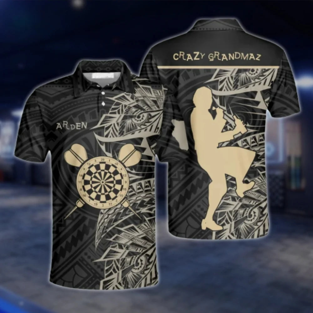 Crazy Grandmaz Custom Tribal Black Beige Darts Polo Shirt For Men, Custom Tribal Dart Shirts DAT0462