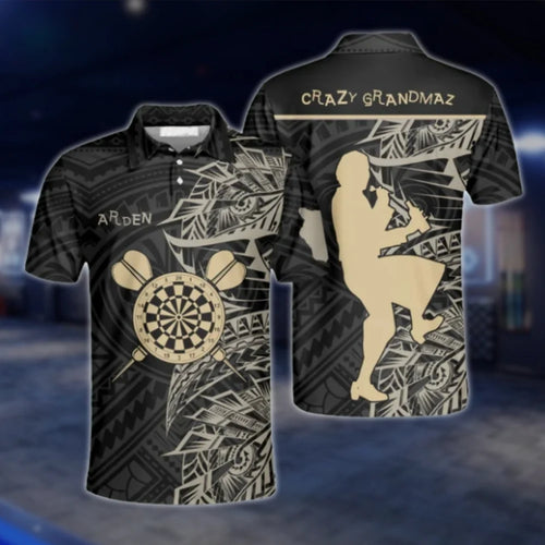 Crazy Grandmaz Custom Tribal Black Beige Darts Polo Shirt For Men, Custom Tribal Dart Shirts DAT0462