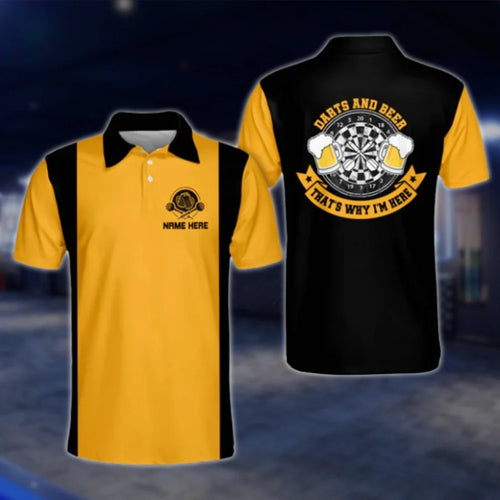 Darts And Beer That's Why I'm Here Personalized Black Yellow Dart Mens Polo Shirt, Custom Beer Dart Shirts DAT0249