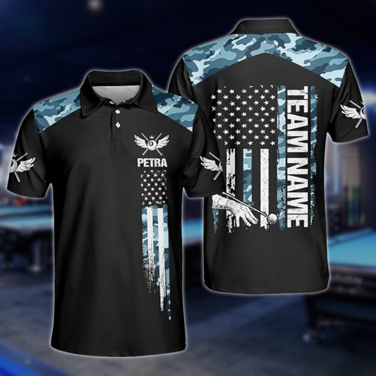 Custom Blue Camo USA Flag Billiard Men Polo Shirts, Custom Camo Patriotic Billiard Shirts For Team BLD0209
