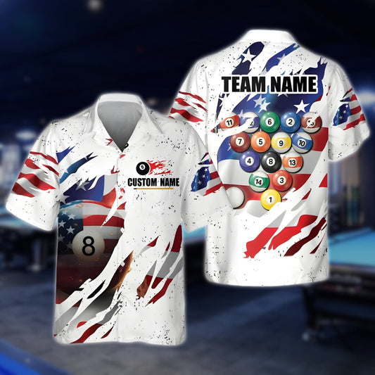 Custom White USA Flag Billiard Hawaiian Shirt For Mens, Custom Team Patriotic Billiard Shirts BLD0136