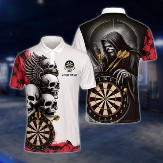Custom Skeleton White Red Men's Dart Polo Shirt, Custom Skull Dart Team Shirts DAT0352