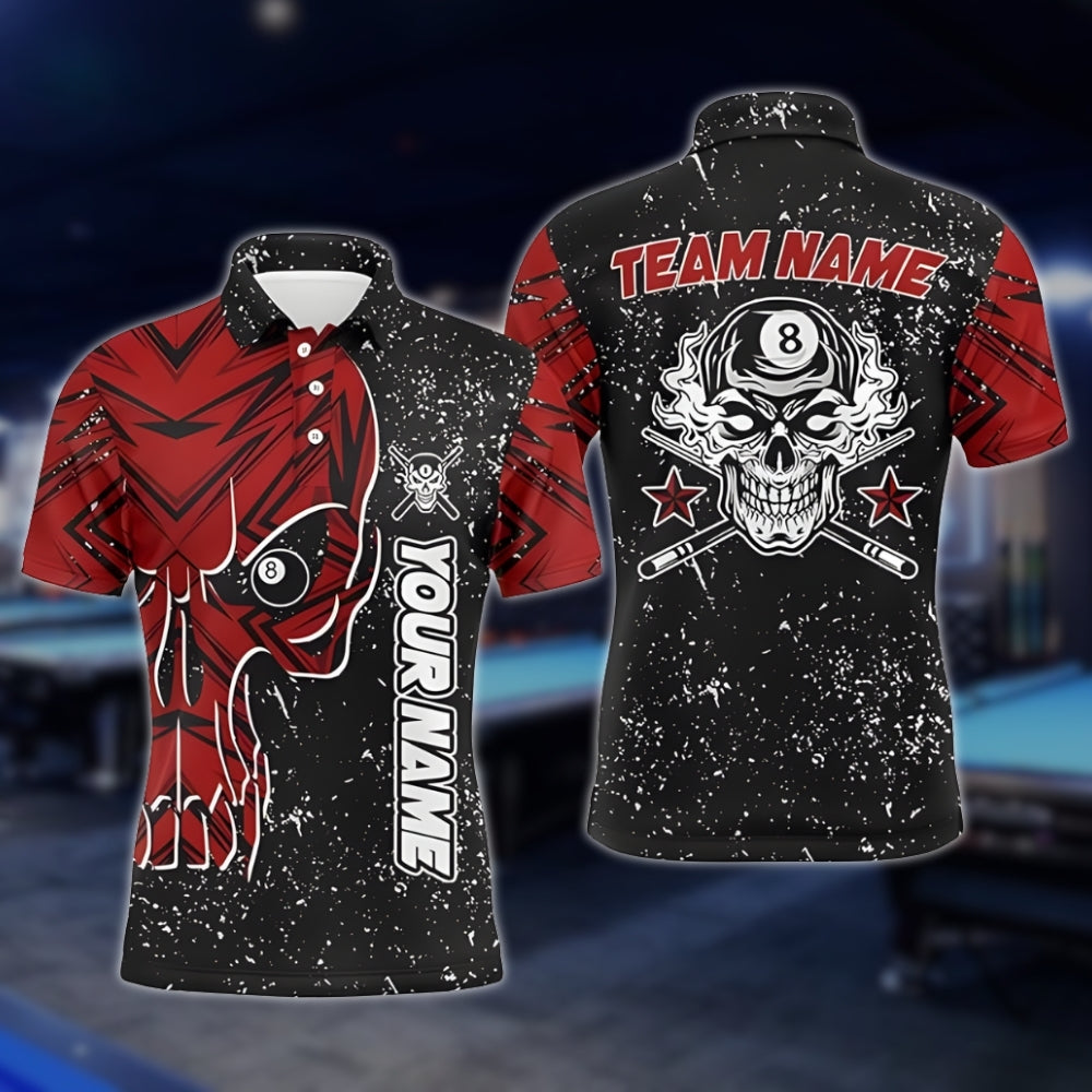 Black And Red Custom Grunge Skull Billiard Men Polo Shirts, Custom Skull Billiard Team Shirts BLD0201