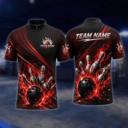 Personalized Flame Red Black Bowling Mens Jersey, Custom Flame Bowling Shirt For Team BZ0851 BOW0098
