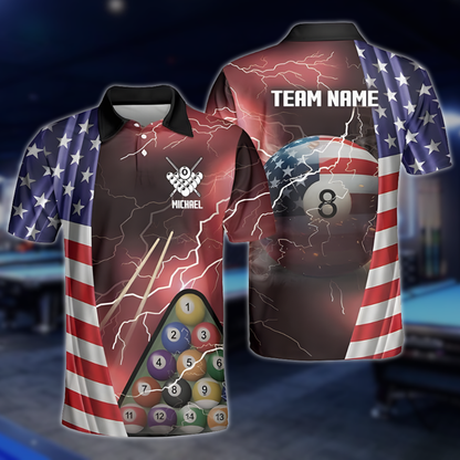 Custom USA Flag Thunder Lightning Billiard Men Polo Shirt, Custom Patrotic Billiard Team Shirts BLD0278