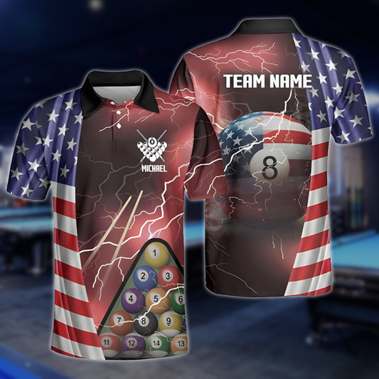 Custom USA Flag Thunder Lightning Billiard Men Polo Shirt, Custom Patrotic Billiard Team Shirts BLD0278