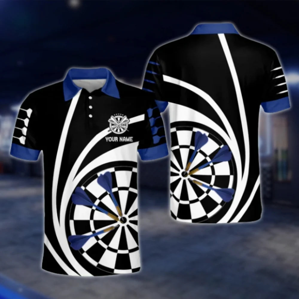 Custom Name Black White Blue Dart Mens Polo Shirt, Custom Dart Player Shirts DAT0255