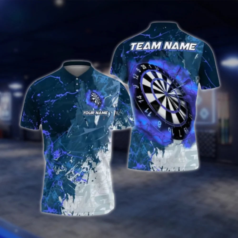 Custom Team Blue Black White Grunge Dart Polo Shirt For Men, Custom Dart Team Shirts DAT0330
