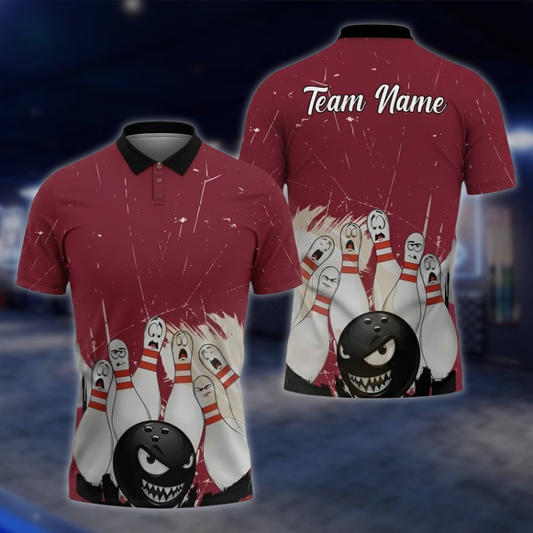 Angry Ball And Scary Pins Personalized Mens Bowling Polo Shirt, Custom Team Bowling Shirts BZ0854 BOW0094