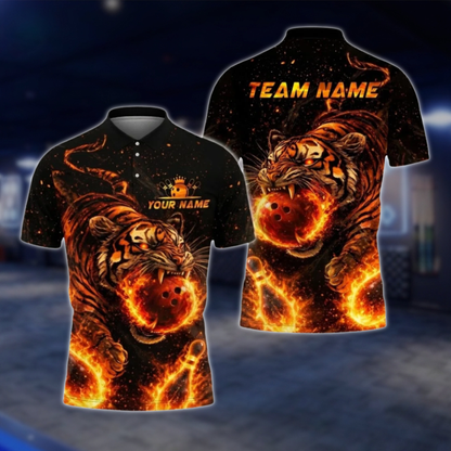 Personalized Tiger Flaming Ball Bowling Polo Shirt For Men, Custom Tiger Bowling Shirt Team BZ0805 BOW0101
