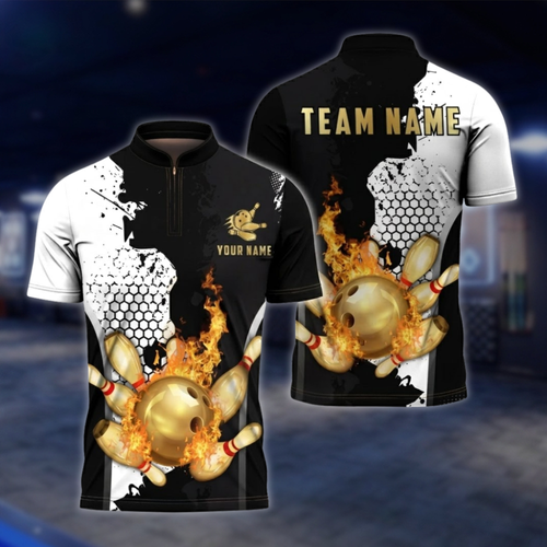 Personalized Flame Black And Gold Bowling Jersey For Men, Custom Flame Bowling Shirt For Team BZ0852 BOW0096