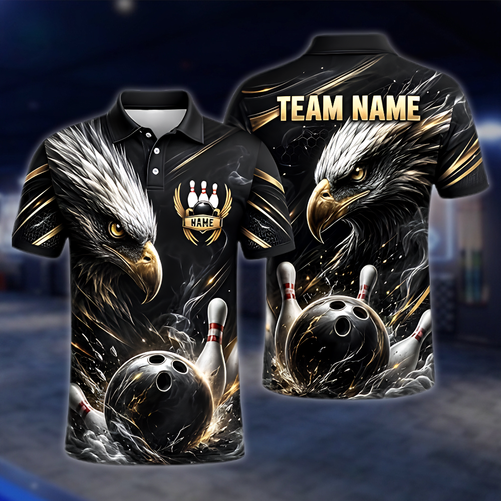 Personalized Eagle Golf Black Men's Bowling Polo Shirt, Custom Eagle Bowling Shirt For Team BZ0871 BOW0075